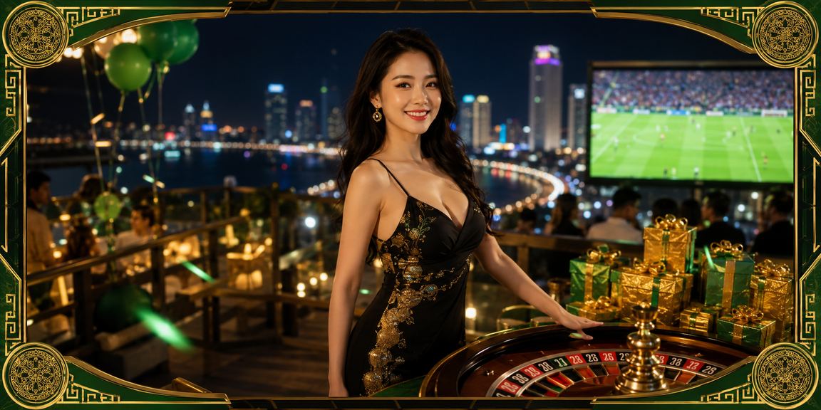 Khung cảnh bãi biển Nha Trang về đêm kết hợp với hình ảnh bàn roulette sang trọng cho thành viên VIP